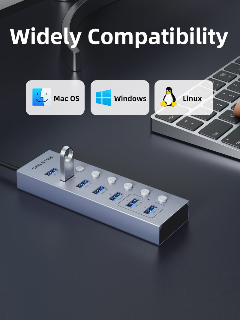 7 Port Powered USB 3.0 Hub Splitter With Long Cable for Laptop PC