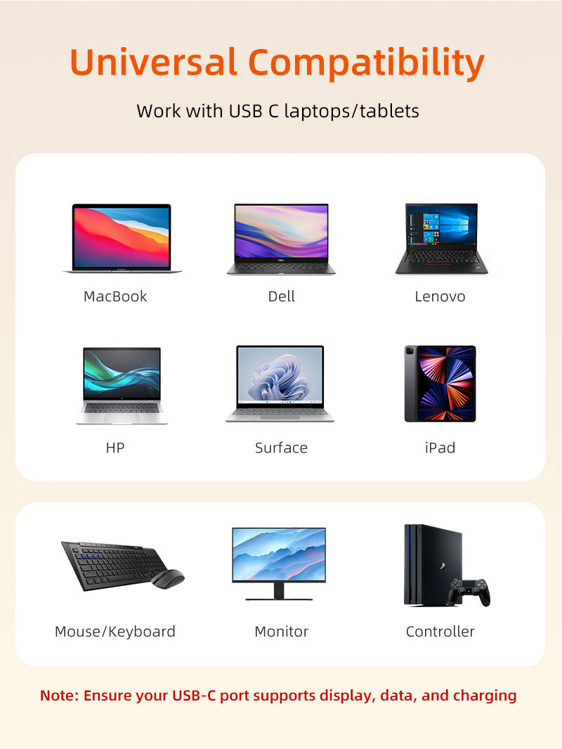 Universal compatibility of docking stand with USB-C laptops and accessories like monitors, controllers, and more.