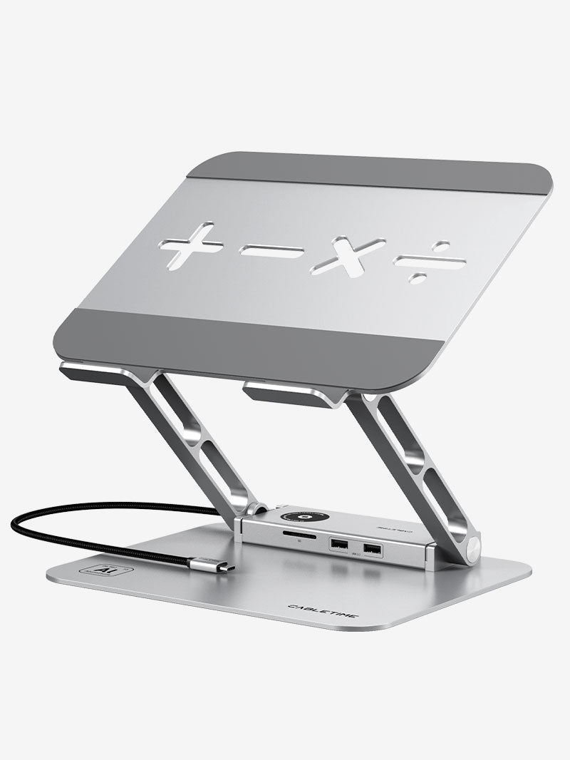 Adjustable aluminum laptop stand with integrated docking station base