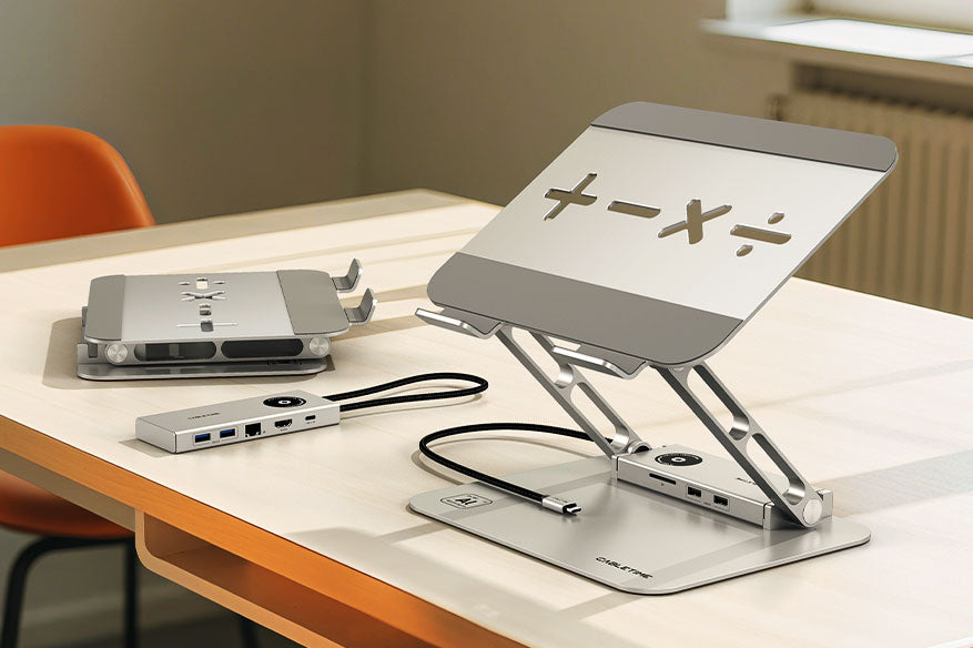 Aluminum adjustable laptop stand with Cabletime USB-C docking station on desk, showcasing both folded and in-use positions.