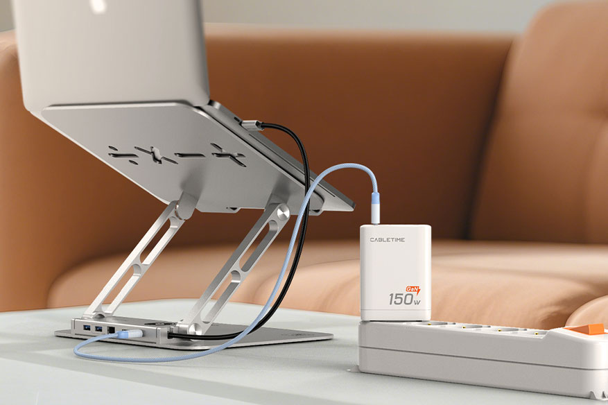 Cabletime docking station connected to MacBook and 150W GaN charger, delivering power through USB-C PD port.