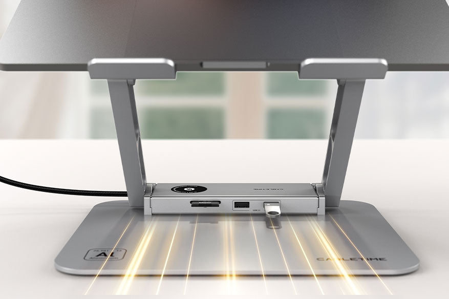 Rear close-up of Cabletime docking station with USB flash drive plugged in, showing port accessibility beneath laptop.
