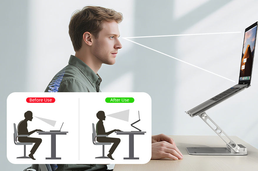 Ergonomic comparison before and after using Cabletime laptop stand, with user eye-level aligned for better posture.
