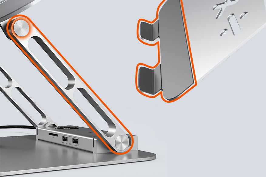 Detail of Cabletime stand's aluminum alloy arms and protective laptop grips with orange highlights for reinforced design.