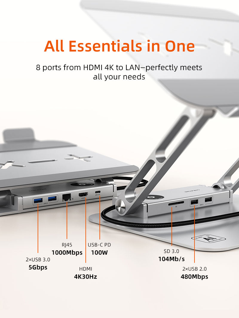 Close-up view of Cabletime docking station ports including USB 3.0, RJ45 Ethernet, HDMI 4K, USB-C PD 100W, SD card reader, and USB 2.0
