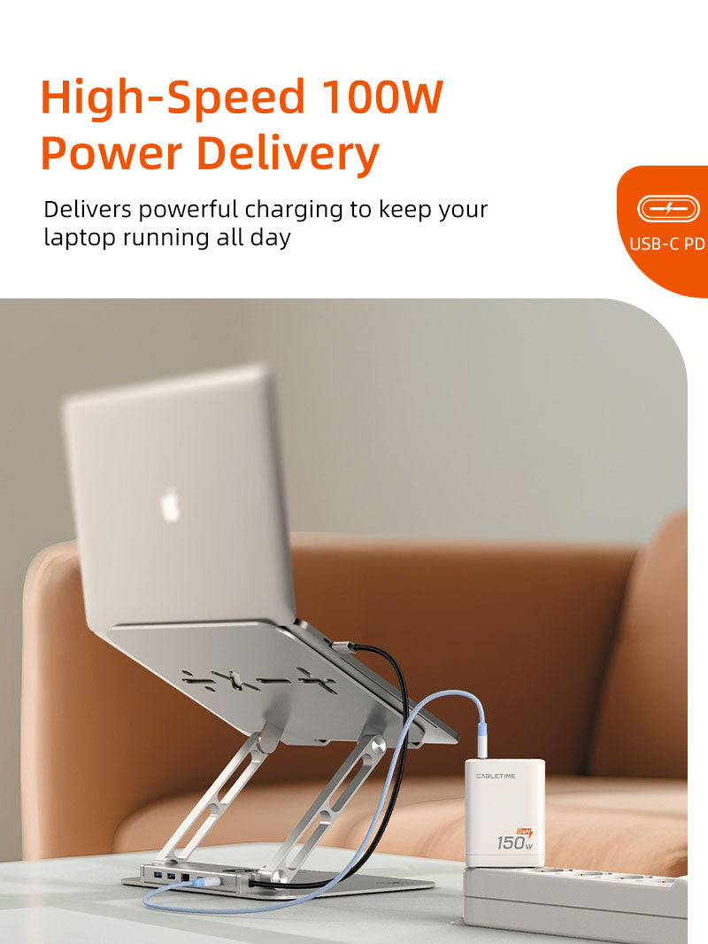 Laptop charging with 100W USB-C PD power via Cabletime docking station on aluminum