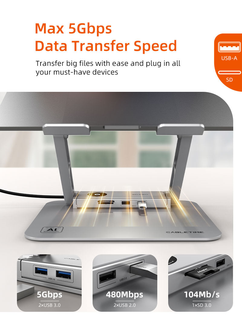 High-speed USB 3.0 and SD 3.0 ports on laptop stand with 5Gbps and 104Mb/s data