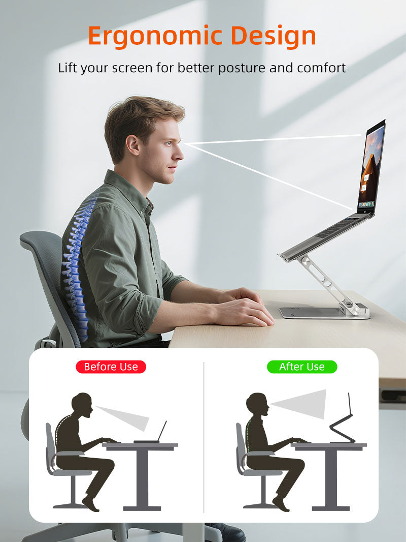 Ergonomic adjustable laptop stand improves posture and reduces neck strain at desk.