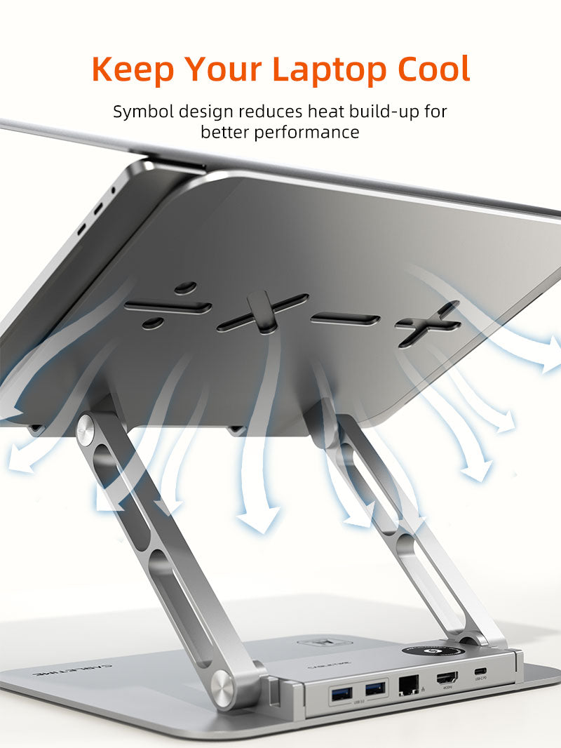 Laptop stand cooling airflow design to prevent overheating during extended use.