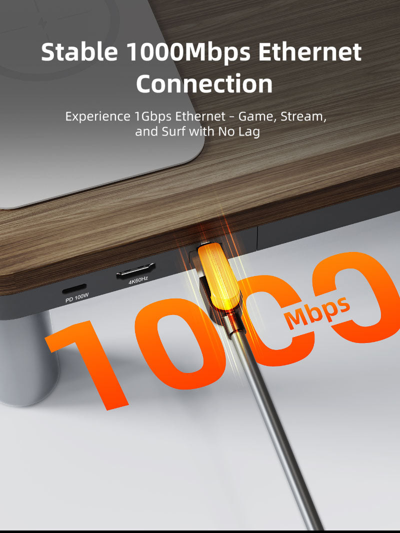 Monitor stand docking station connected with Ethernet cable, highlighting stable 1000Mbps network speed for smooth gaming, streaming, and browsing.