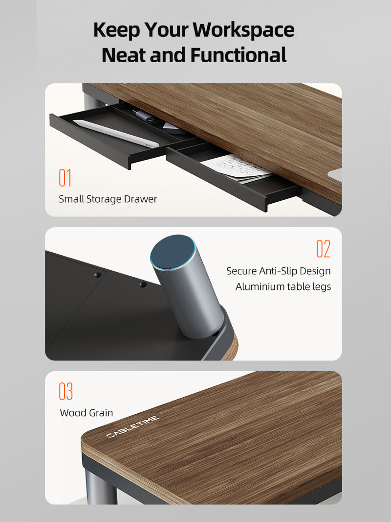 Wood grain monitor stand featuring dual slide-out storage drawers for accessories, anti-slip aluminum legs for stability, and durable wood surface finish.