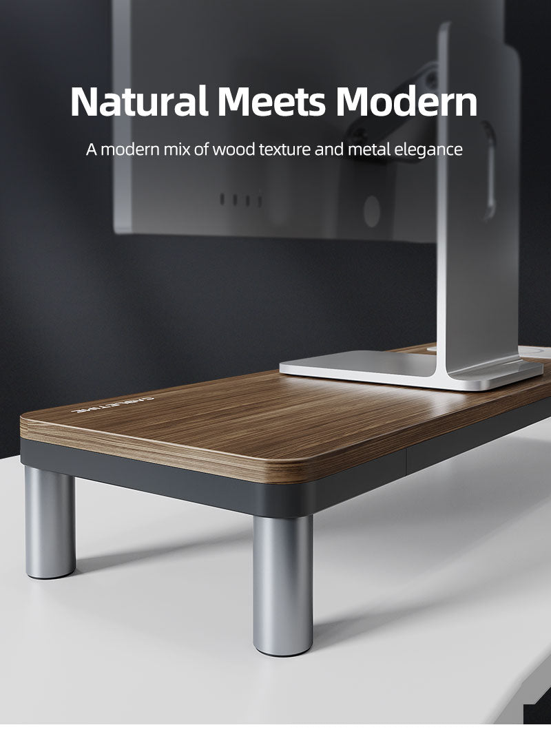 Wood grain monitor stand with modern design, combining natural wooden top with elegant metallic legs, blending seamlessly with contemporary workspaces