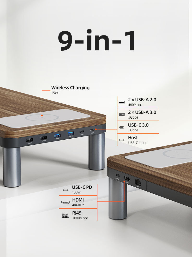 Close-up of wood grain monitor stand showing 9-in-1 docking station with 2 USB-A 2.0 ports, 2 USB-A 3.0 ports, 1 USB-C 3.0 port, USB-C PD 100W input, HDMI 4K@60Hz, RJ45 Ethernet, and 15W wireless charging pad.