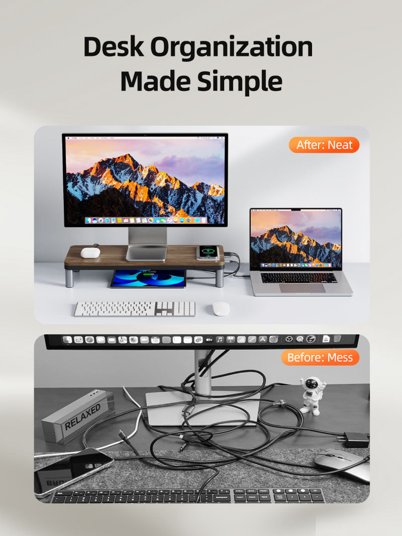Cabletime wooden monitor stand showcasing tidy desk setup with built-in docking station versus messy cables before using.