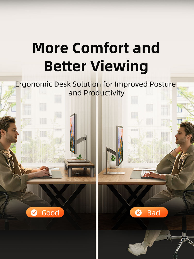 Ergonomic monitor riser with wood finish for improved posture and comfortable viewing compared to poor desk ergonomics.