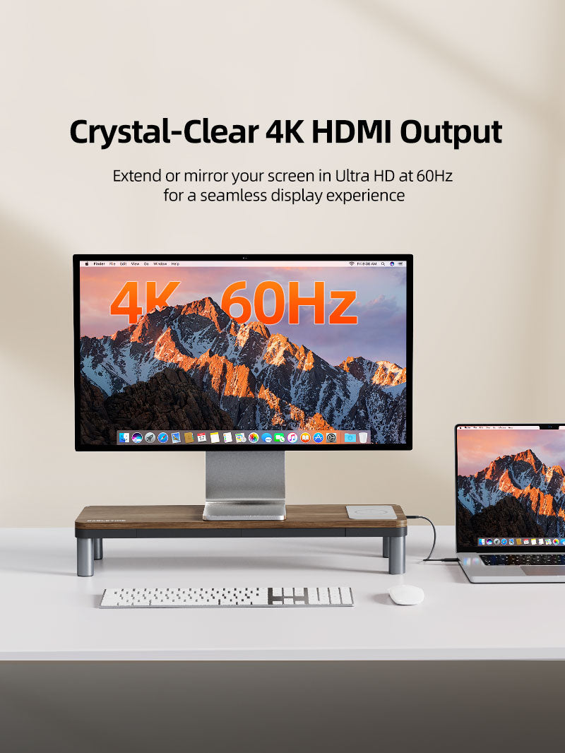 Cabletime wood grain monitor stand with built-in 9-in-1 docking station showing 4K 60Hz HDMI output connected to monitor and laptop for seamless dual display setup.