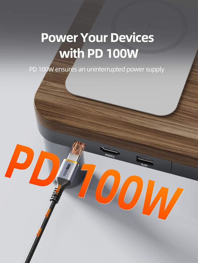 Close-up of monitor stand docking station highlighting USB-C PD 100W fast charging port, ensuring stable power delivery for laptops and high-power devices.