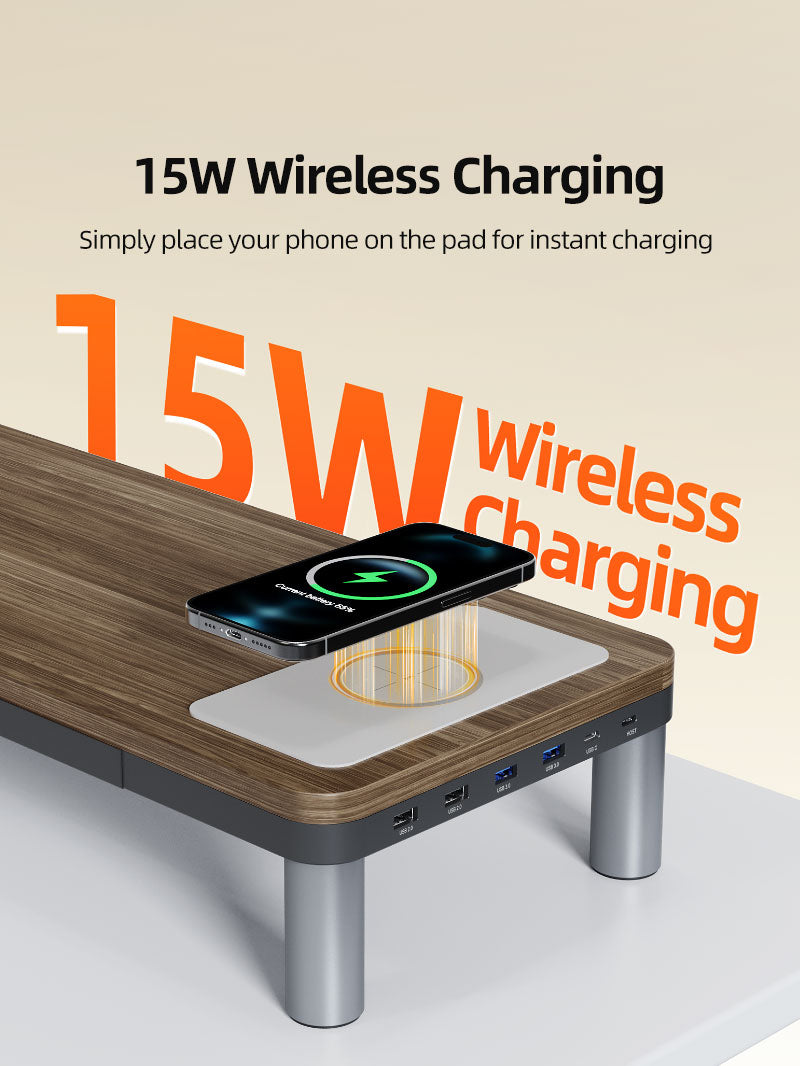Smartphone placed on built-in 15W wireless charging pad of wood grain monitor stand with glowing effect, showing instant wireless charging functionality.
