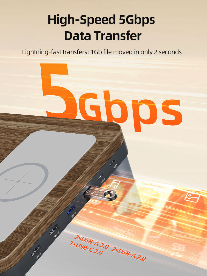 USB flash drive connected to monitor stand docking station, with graphics illustrating high-speed 5Gbps data transfer for rapid file sharing and backups.