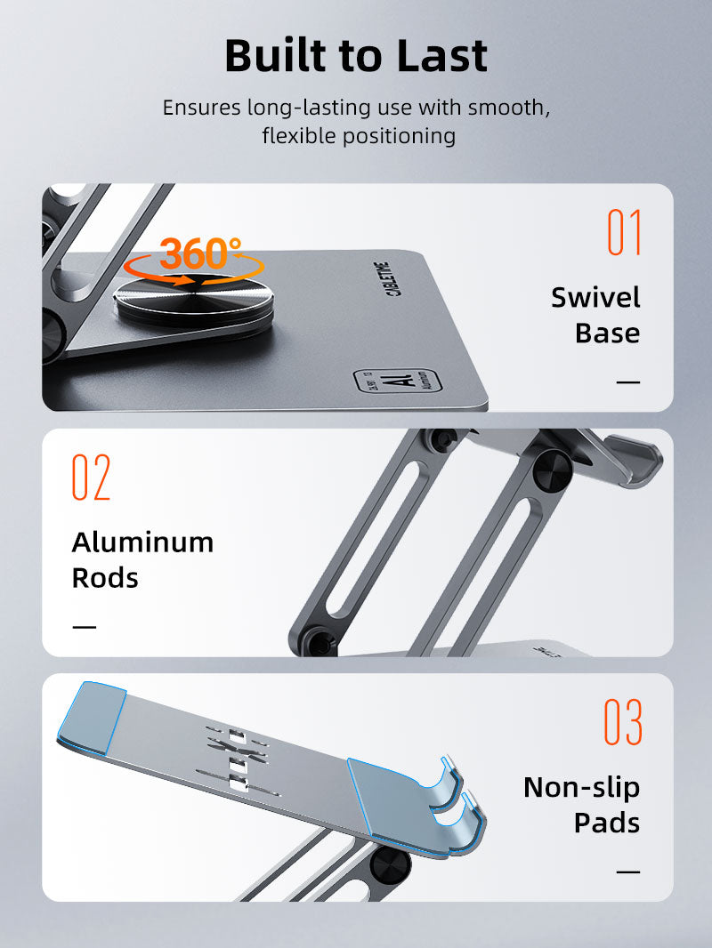 Durable tablet stand with 360° swivel base, strong aluminum rods, and non-slip pads for stability.