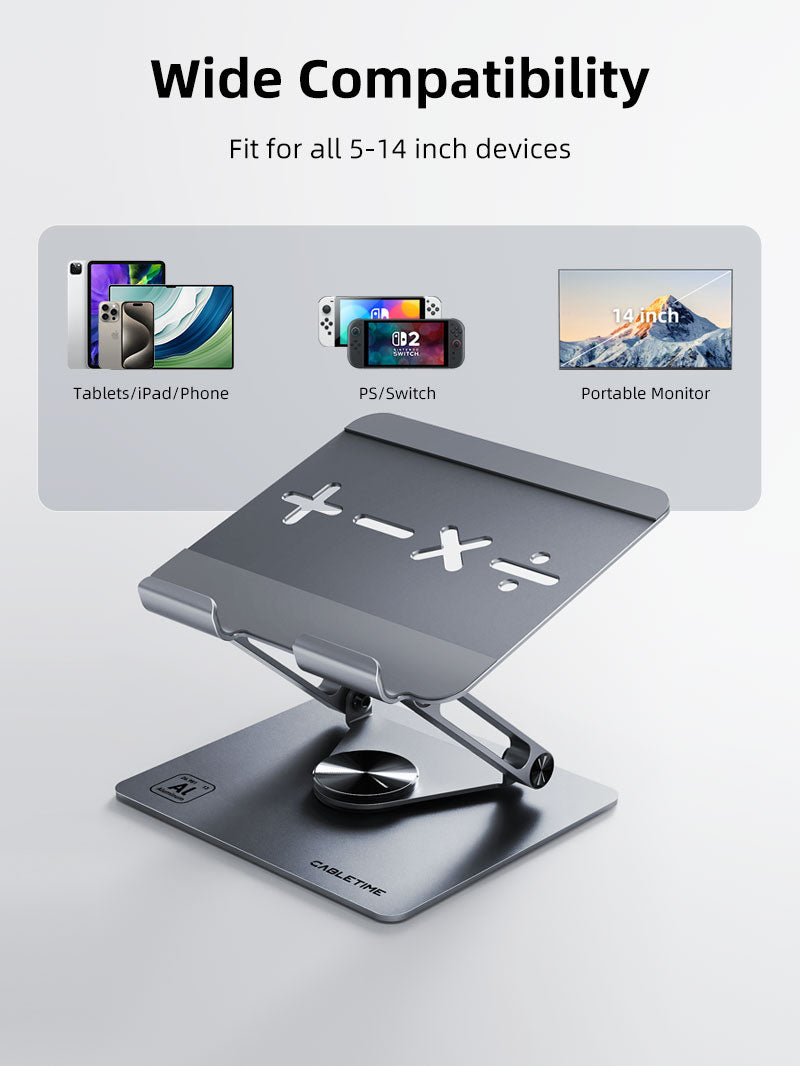 Adjustable aluminum tablet stand with 360° rotating base, compatible with 5–14 inch devices including iPad, tablets, smartphones, Nintendo Switch, and portable monitors