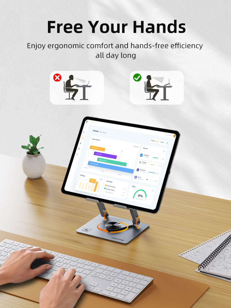 Ergonomic iPad stand holder on desk, adjustable for better posture and hands-free productivity.