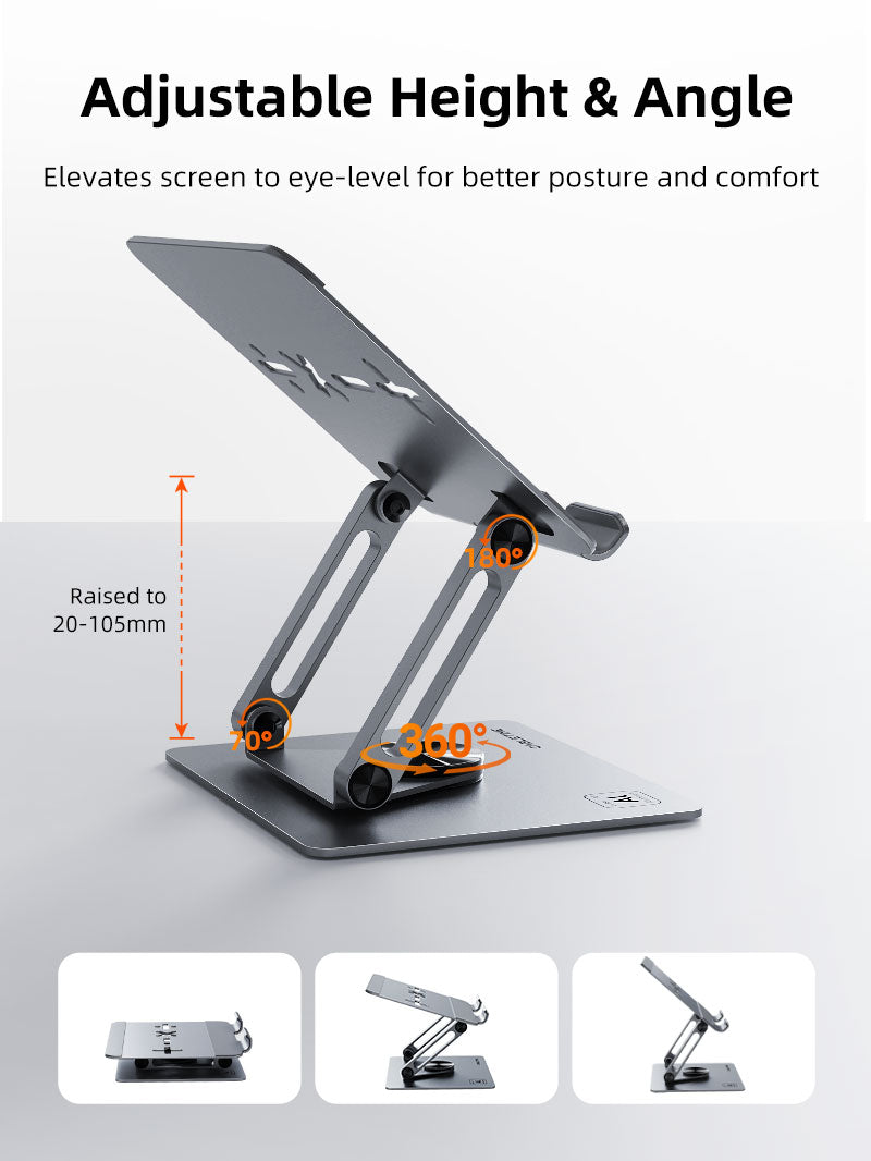 Adjustable iPad desk stand with 20-105mm height range, 180° tilt and 360° swivel rotation.