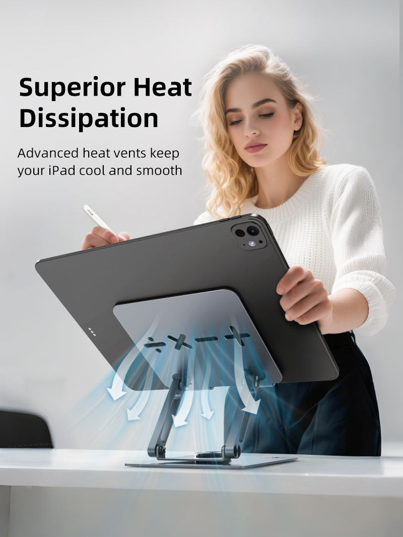 iPad stand with vented aluminum panel for superior heat dissipation and device cooling.