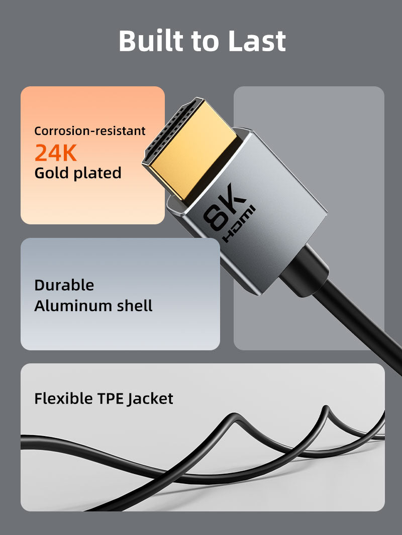 8K 60Hz Ultra Slim HDMI 2.1 Cable 3.8 มม. สำหรับ PS5/Xbox Series X/Roku TV/HDTV/Blu-ray