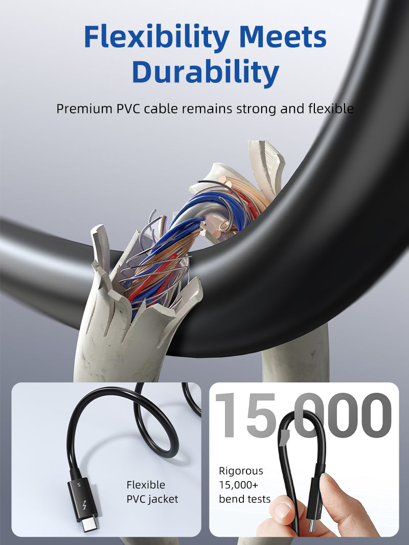 Thunderbolt 5 cable with premium flexible PVC jacket, exposed internal wiring, and durability proven by 15,000 bend tests