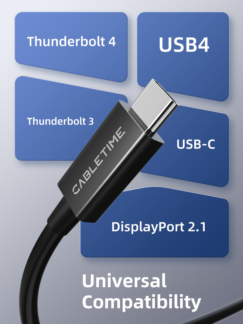 CableTime Thunderbolt 5 cable showcasing universal compatibility with Thunderbolt 3, Thunderbolt 4, USB4, USB-C, and DisplayPort 2.1 devices