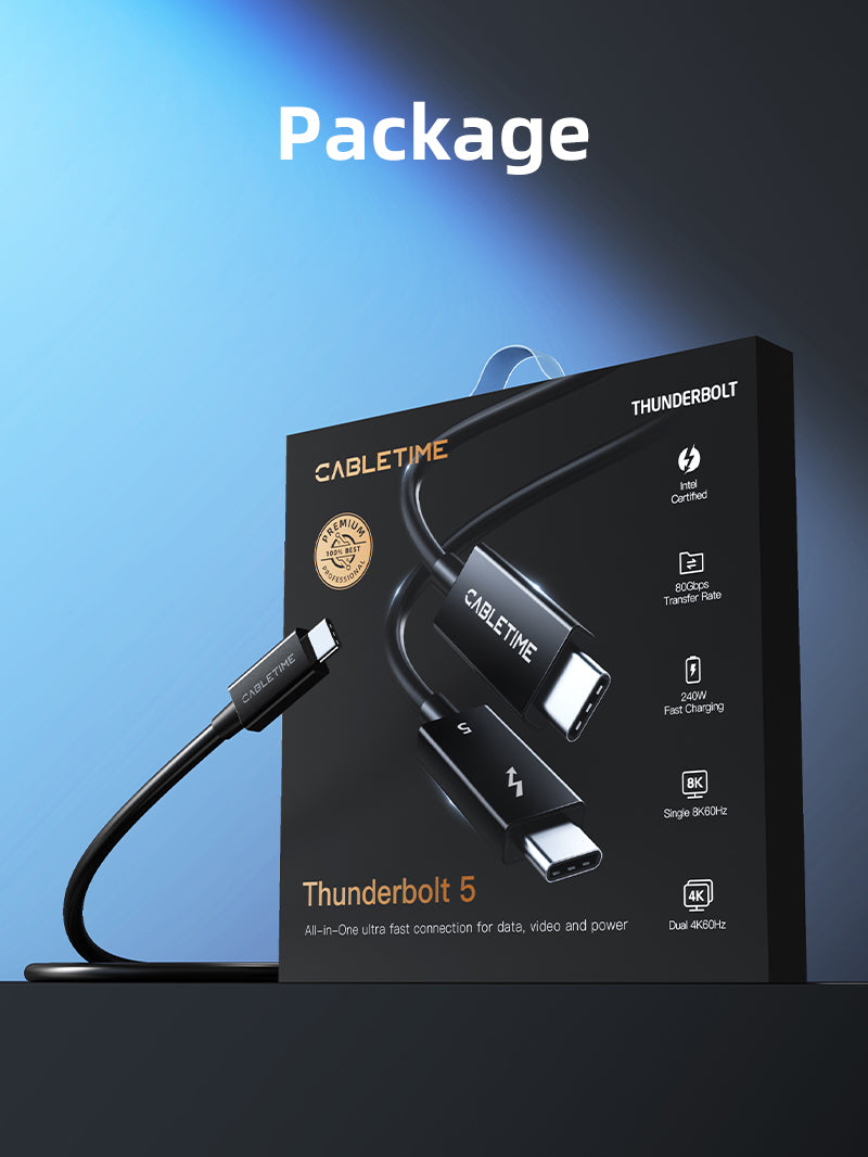 CableTime Thunderbolt 5 cable retail packaging showing 240W fast charging, 120Gbps transfer rate, 8K video support, and Intel certification