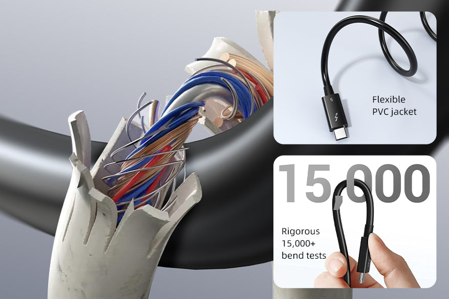 Durable Thunderbolt 5 cable with flexible PVC jacket and 15,000 bend test certification for stable connections