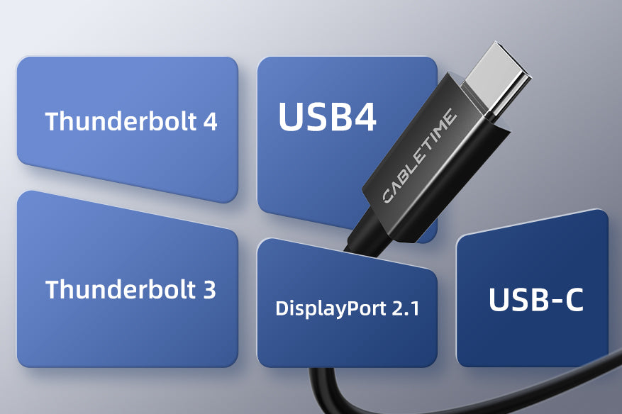 Universal Thunderbolt 5 cable supporting Thunderbolt 3, 4, USB4, USB-C, and DisplayPort 2.1 connections