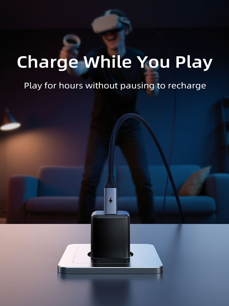 USB-C VR link cable allowing Meta Quest headset charging while gaming, uninterrupted VR play without pauses.