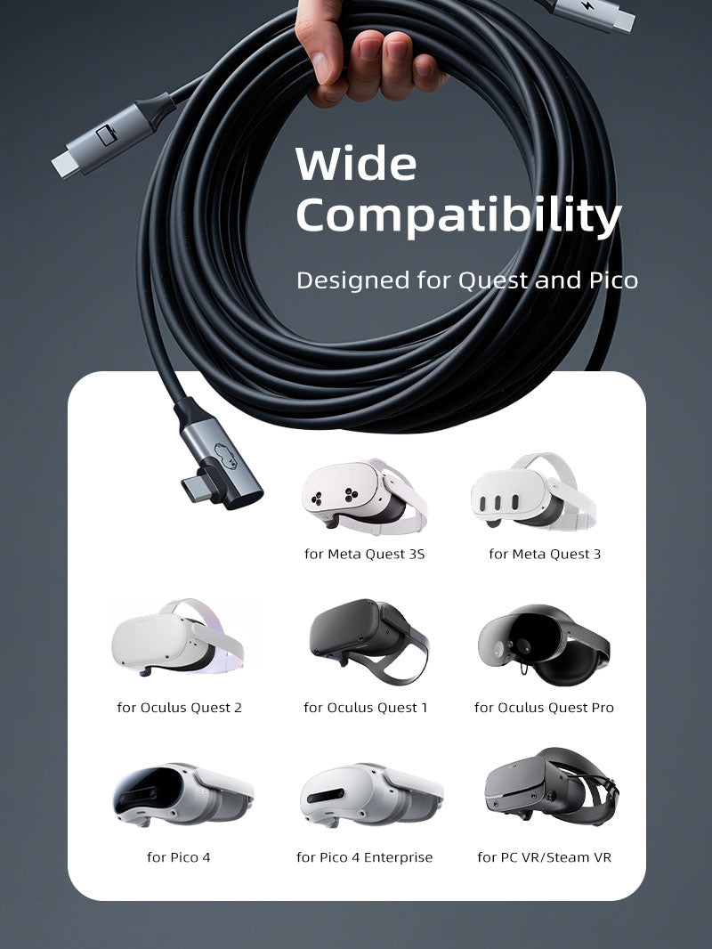 VR link cable compatible with Meta Quest 3, Quest Pro, Pico 4, and SteamVR headsets, designed for high-speed charging and stable connection.