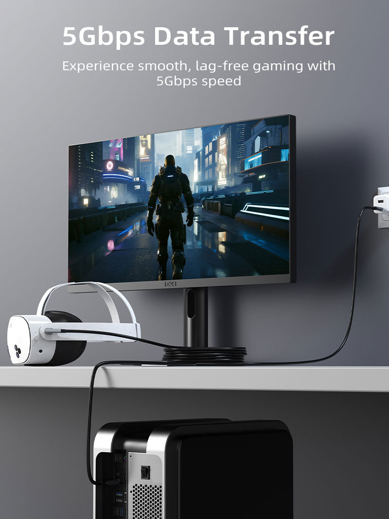 USB-C VR link cable supporting 5Gbps data transfer, lag-free PC VR and SteamVR gameplay with Meta Quest headset.