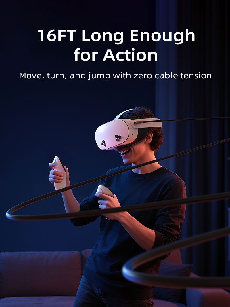 16FT VR link cable for Meta Quest and Pico, provides freedom to move, turn, and jump with no cable tension.