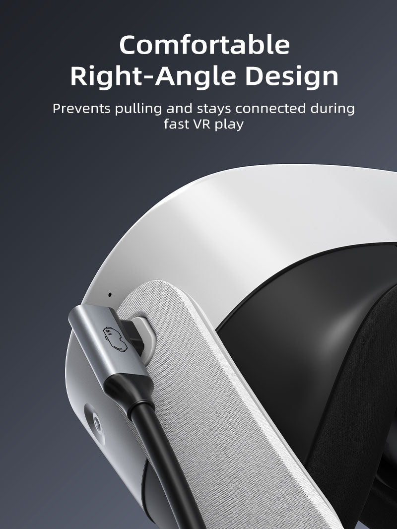 USB-C VR cable with ergonomic right-angle connector, prevents pulling and ensures stable connection during fast VR play.