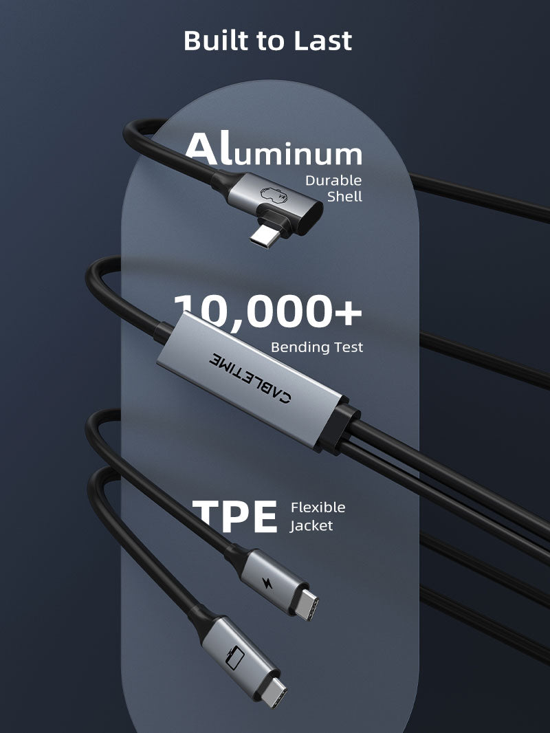 Cabletime VR link cable with aluminum shell, flexible TPE jacket, and 10,000+ bend lifespan for long-lasting durability.