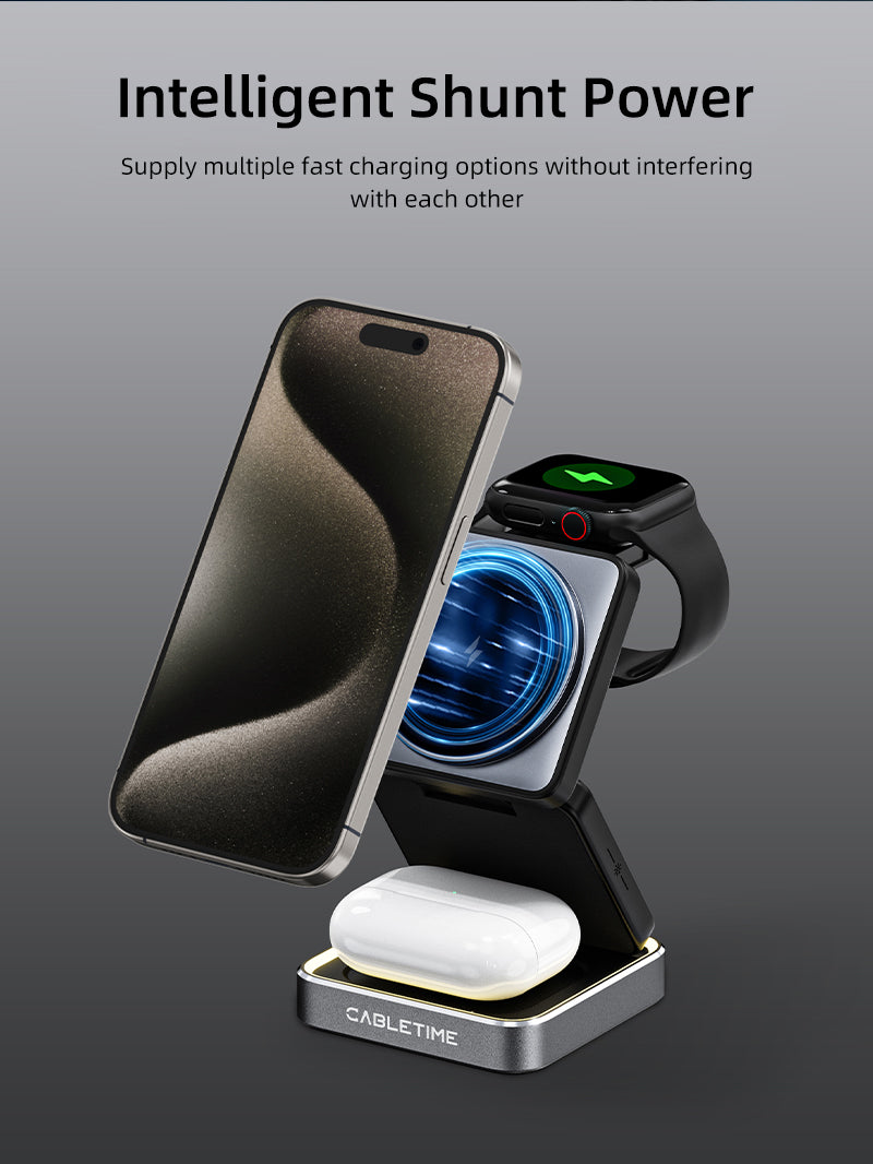3 in 1 Foldable Wireless Stand for iPhone, Apple Watch and Airpods