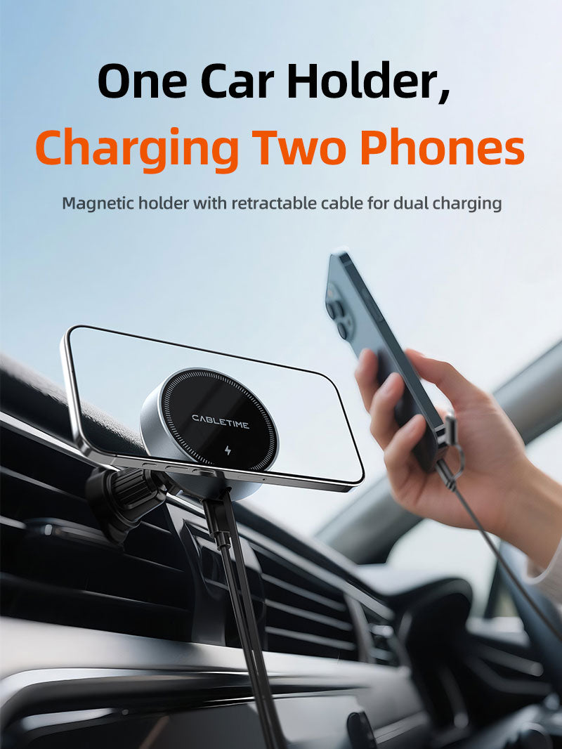 2 IN 1 Magnetic Wireless Car Charger with Retractable Cable