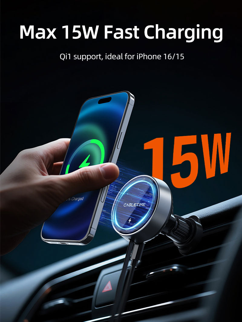 Caricatore auto wireless magnetico da 2 in 1 con cavo retrattile