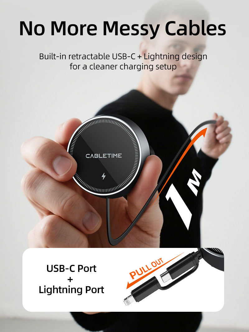 2 IN 1 Magnetic Wireless Car Charger with Retractable Cable