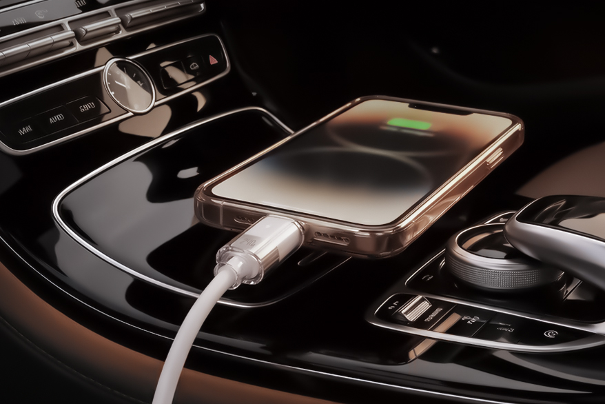 USB-C iPhone connected for wired CarPlay through a compatible vehicle USB-C data port