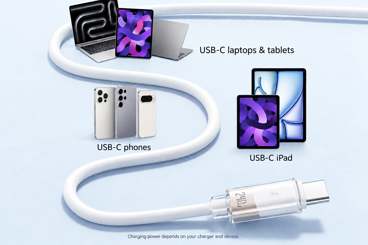 USB-C cable with compatible laptop, phone and tablet charging examples; actual power depends on charger and device