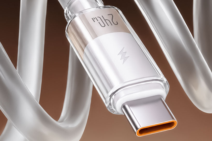 Close-up of the transparent connector housing and dual-layer cable jacket