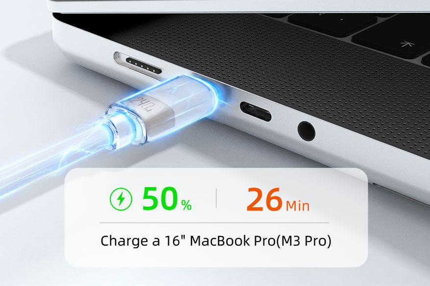 Cable charging a 16-inch MacBook Pro M3 Pro; CABLETIME 1m cable and 140W charger test reached 50 percent in 26 minutes