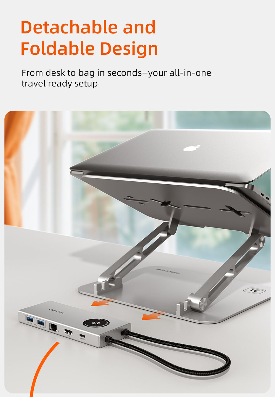 Foldable and detachable laptop stand with USB-C hub removed for portable use