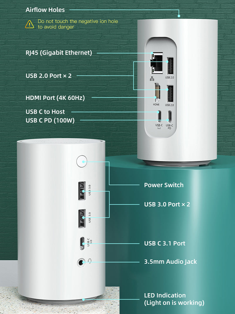 CABLETIME 10 IN 1 USBC Docking Station include one 4K HDMI video output, one USB 3.1 Type C(10Gbps) ports, two USB 3.0 Type A (5Gbps) ports, one 3.5mm headphone jack port, one RJ45(1000/100/1OMbps) port, two USB 2.0 Type A (480Mbps) ports, one USB C PD ports, one USB C to host port.
